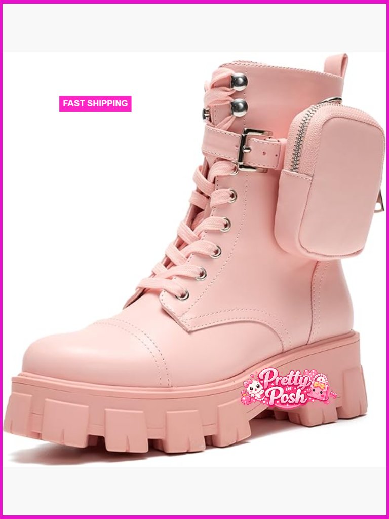 Women's Platform Combat Boots - Lace Up Chunky Ankle Booties With Zippered